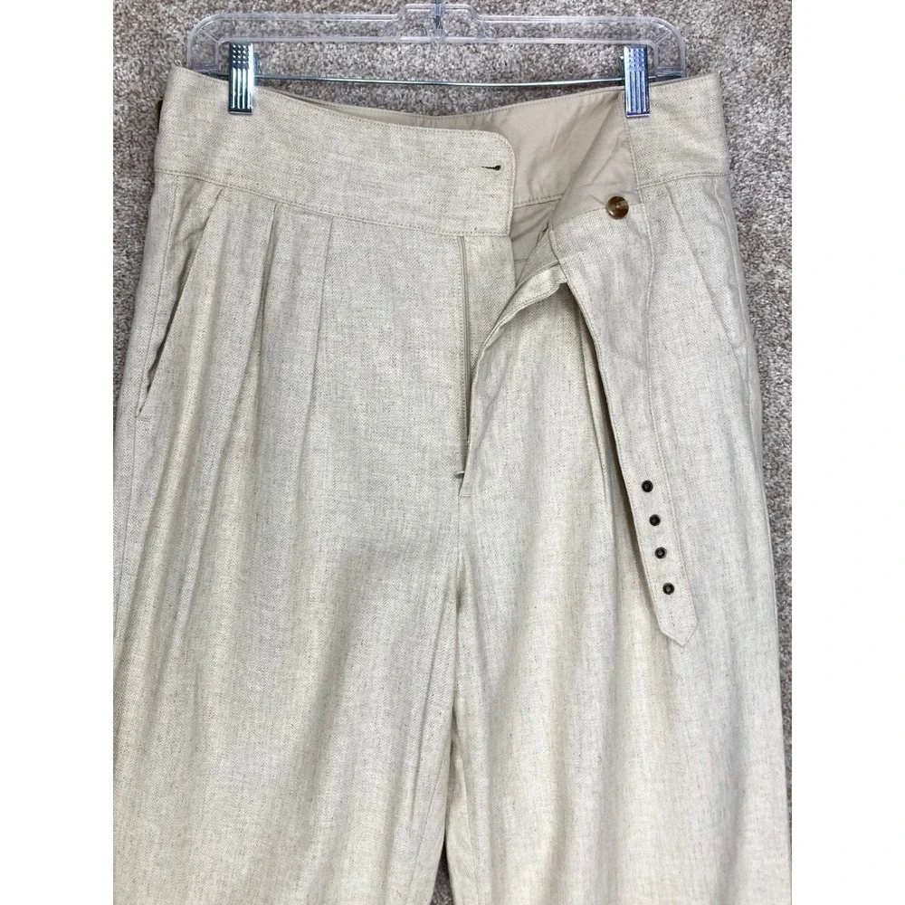 Banana Republic Linen Herringbone Pleated Pants Women 8 Beige Buckle Office Chic